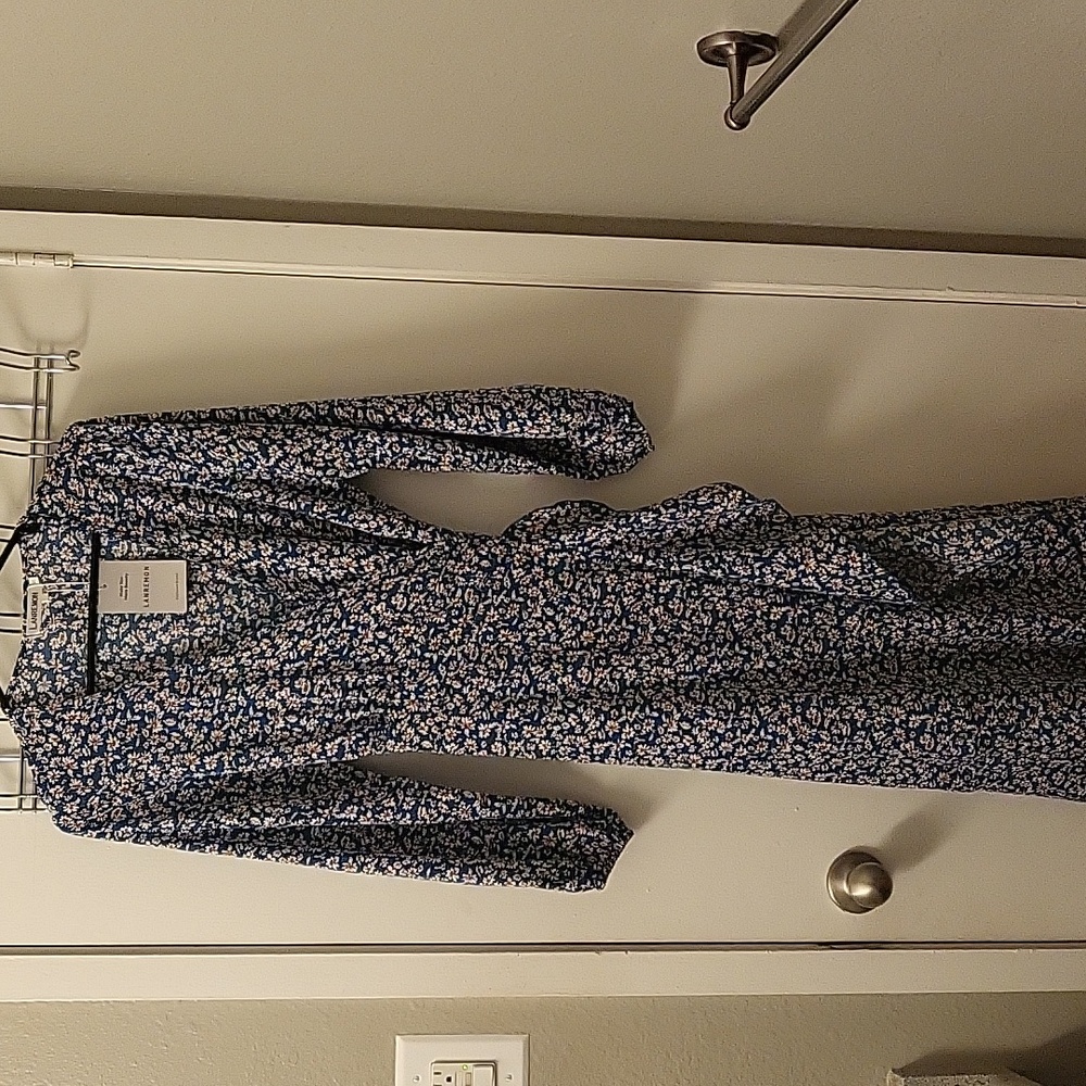Lanremon Maxi vintage wrap v neck long sleeve floral print blue dress size S
